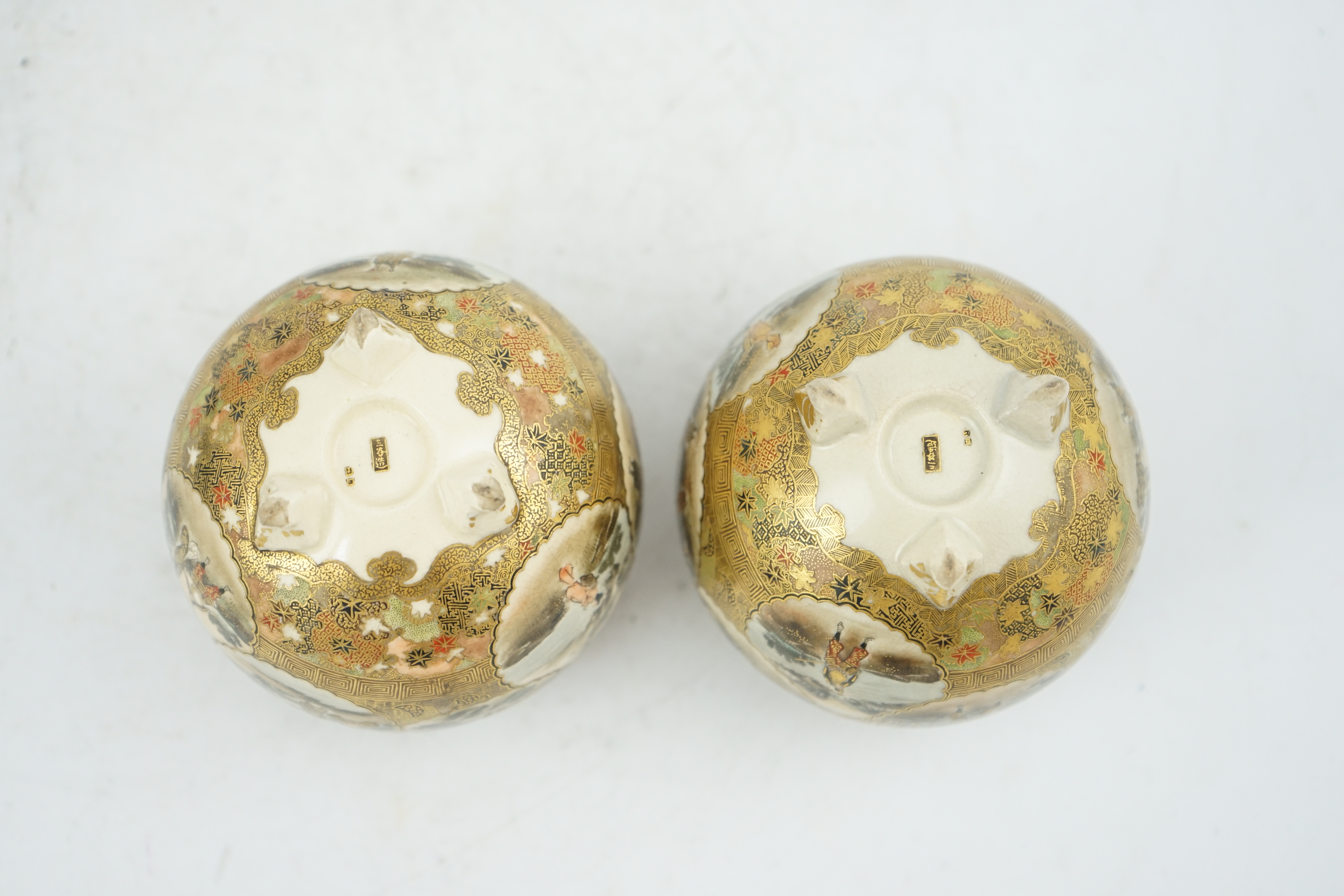 A pair of Japanese Satsuma globular koros, Meiji period